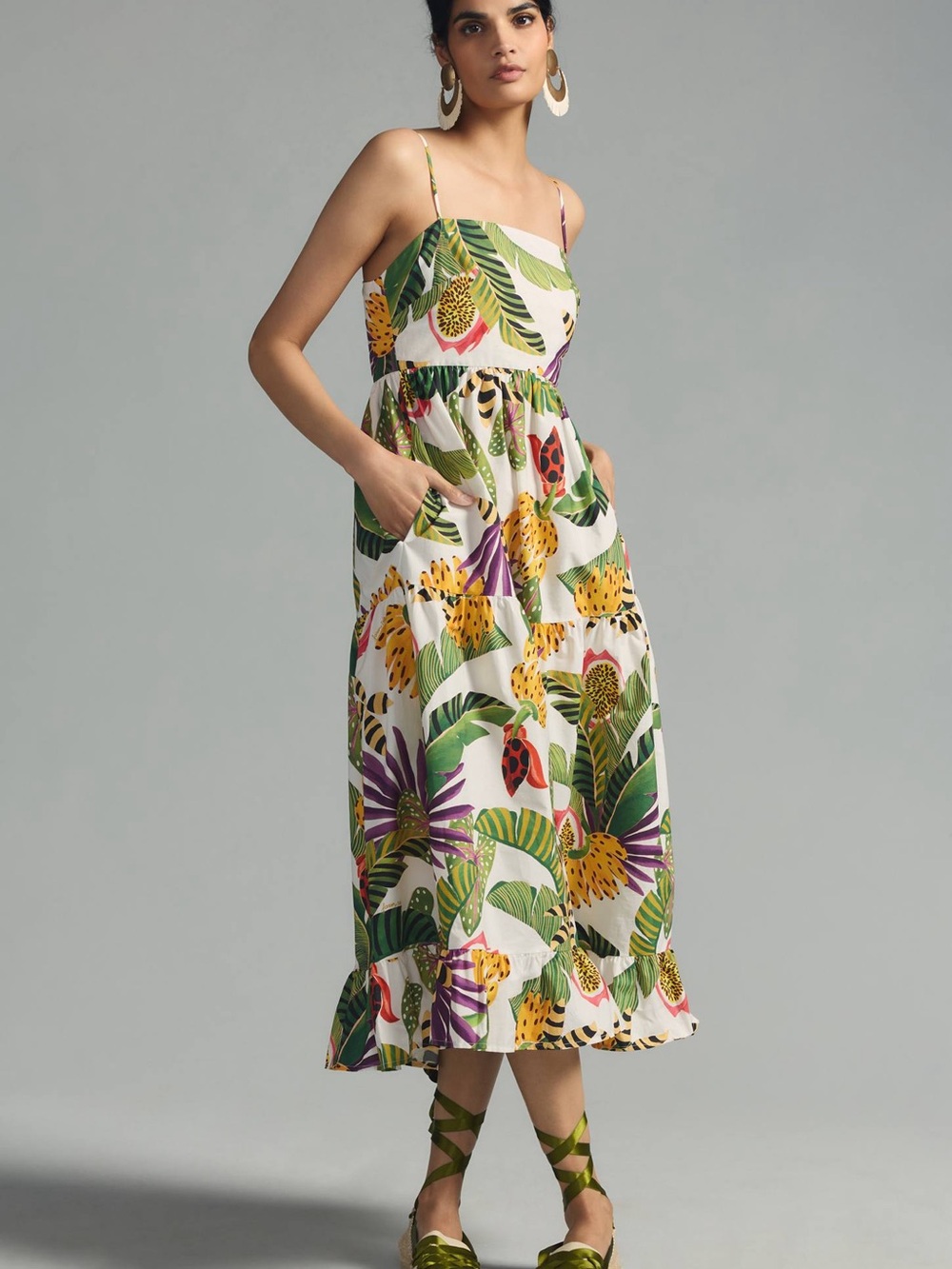 FARM Rio Striped Forest Tropical-Print Maxi Dress in Pale Teal Blue size Small